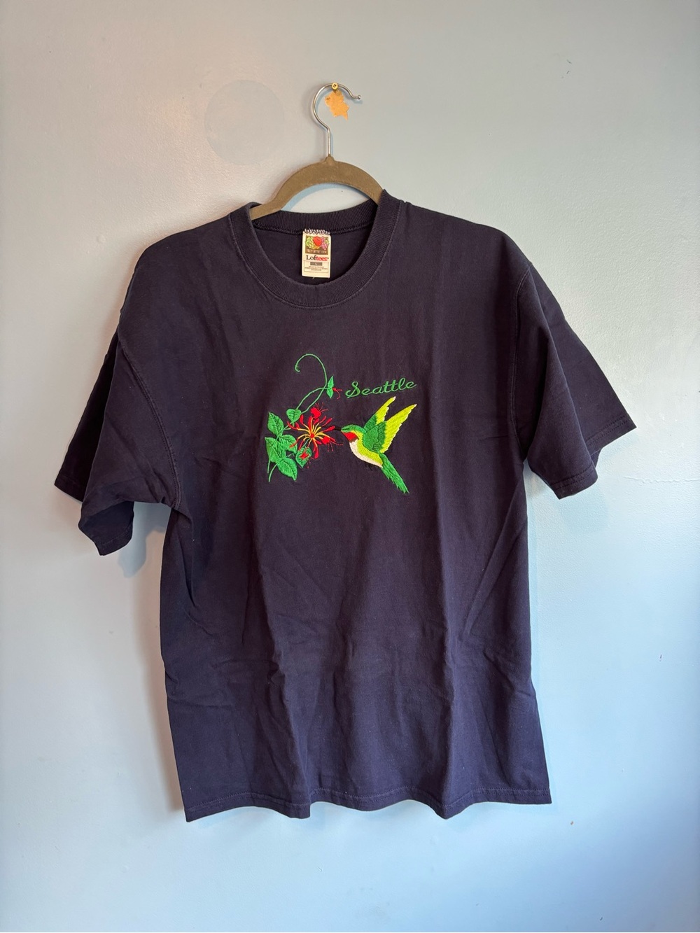 VintageFruit of the Loom Navy Tee with Green & Yellow Hummingbird Floral Graphic